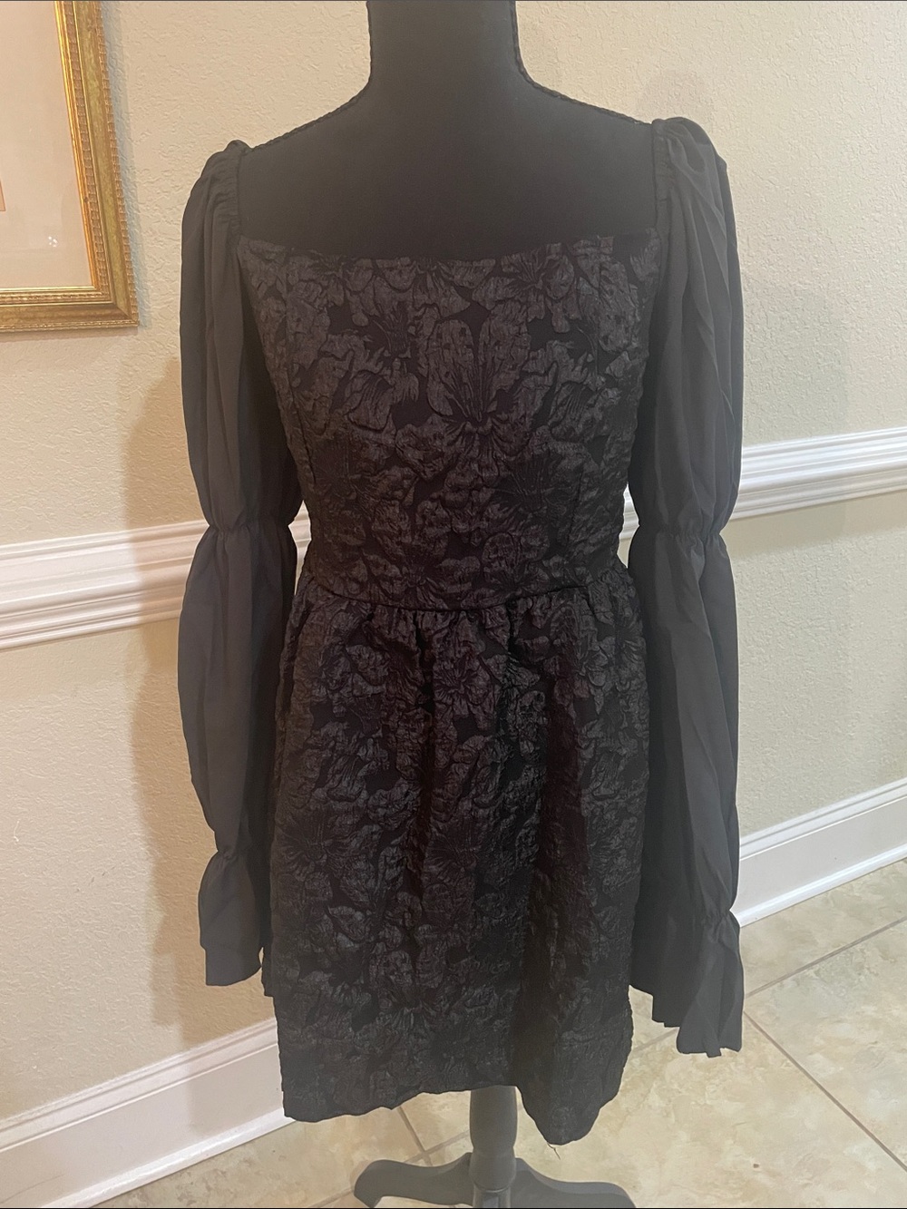 Black Long-Sleeve Textured Mini Dress